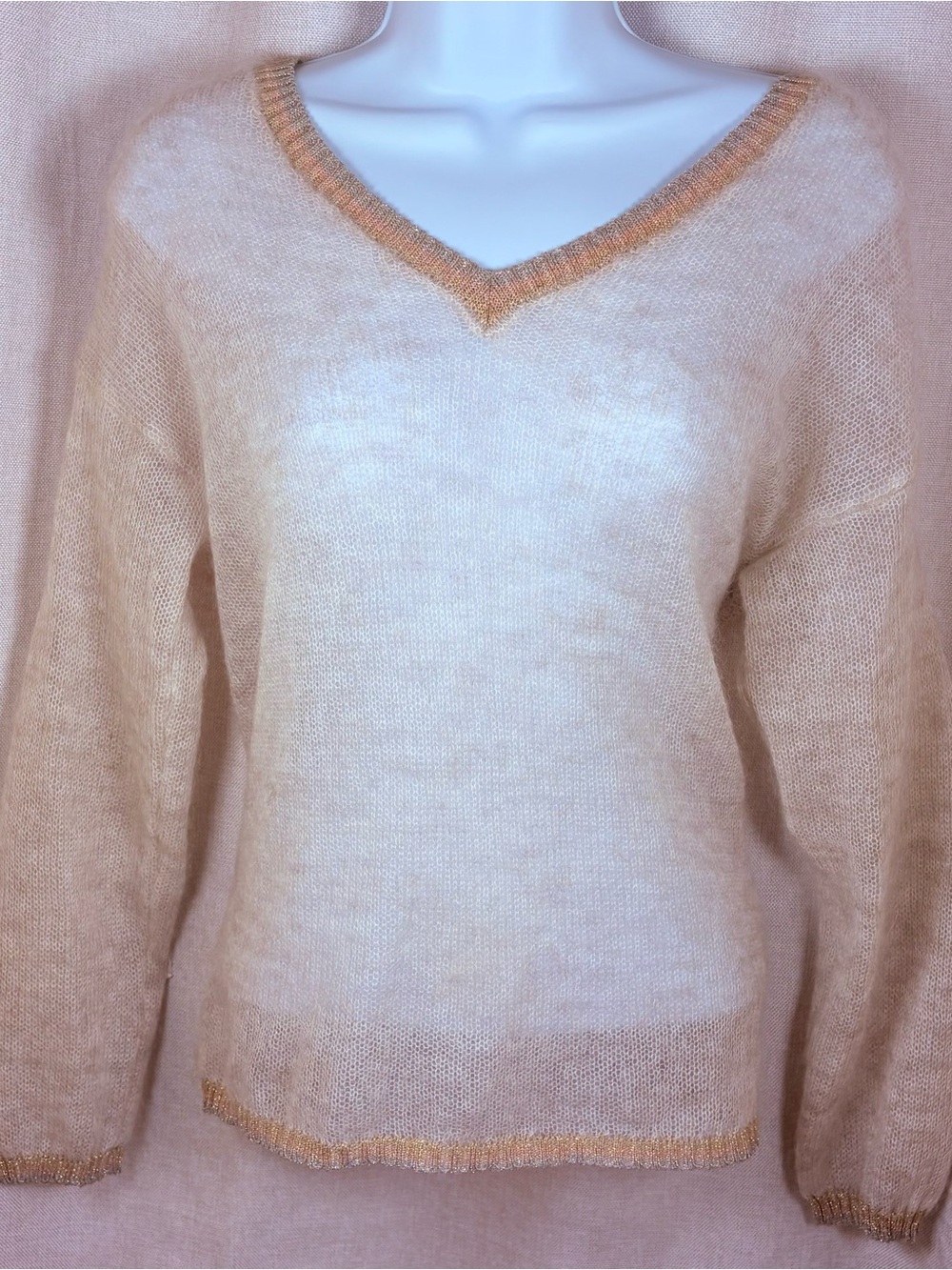 ✨ Gerard Darel Paris Blush Mohair Blend Gold Trim Sweater Sz 1 Small